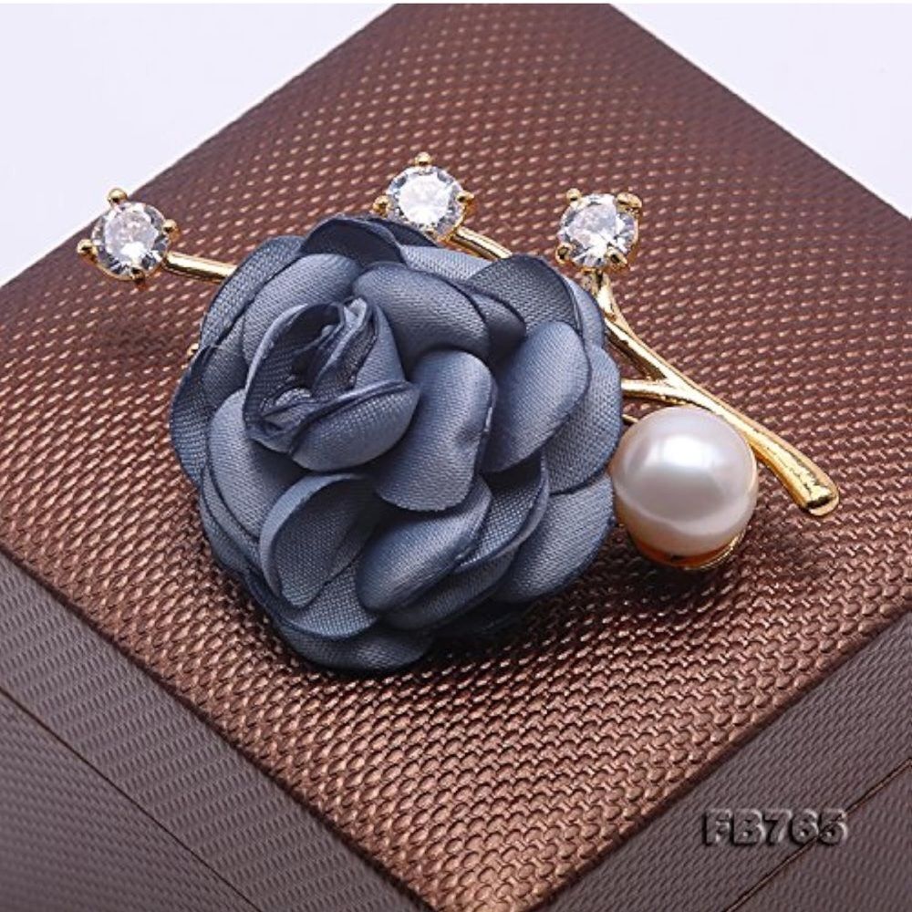 Brooch Blue Gold 11.5mm Rose Flower White Freshwater Pearl Bouquet Broach Pin A1 - Picture 5 of 8